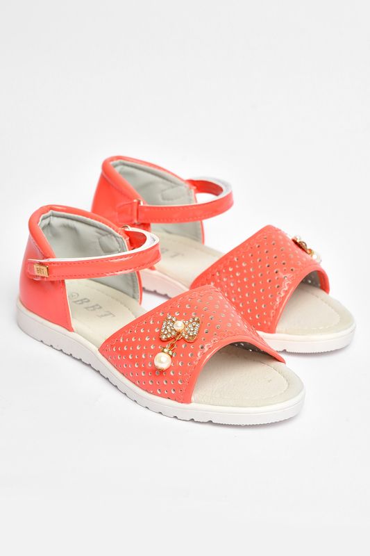 Фото товару Босоніжки дитячі коралового кольору на ліпучці